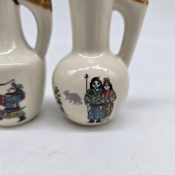 Japanese Miniature Ceramic Pitchers With Traditional Folk Art Design 3.25" Tall - Picture 3 of 8